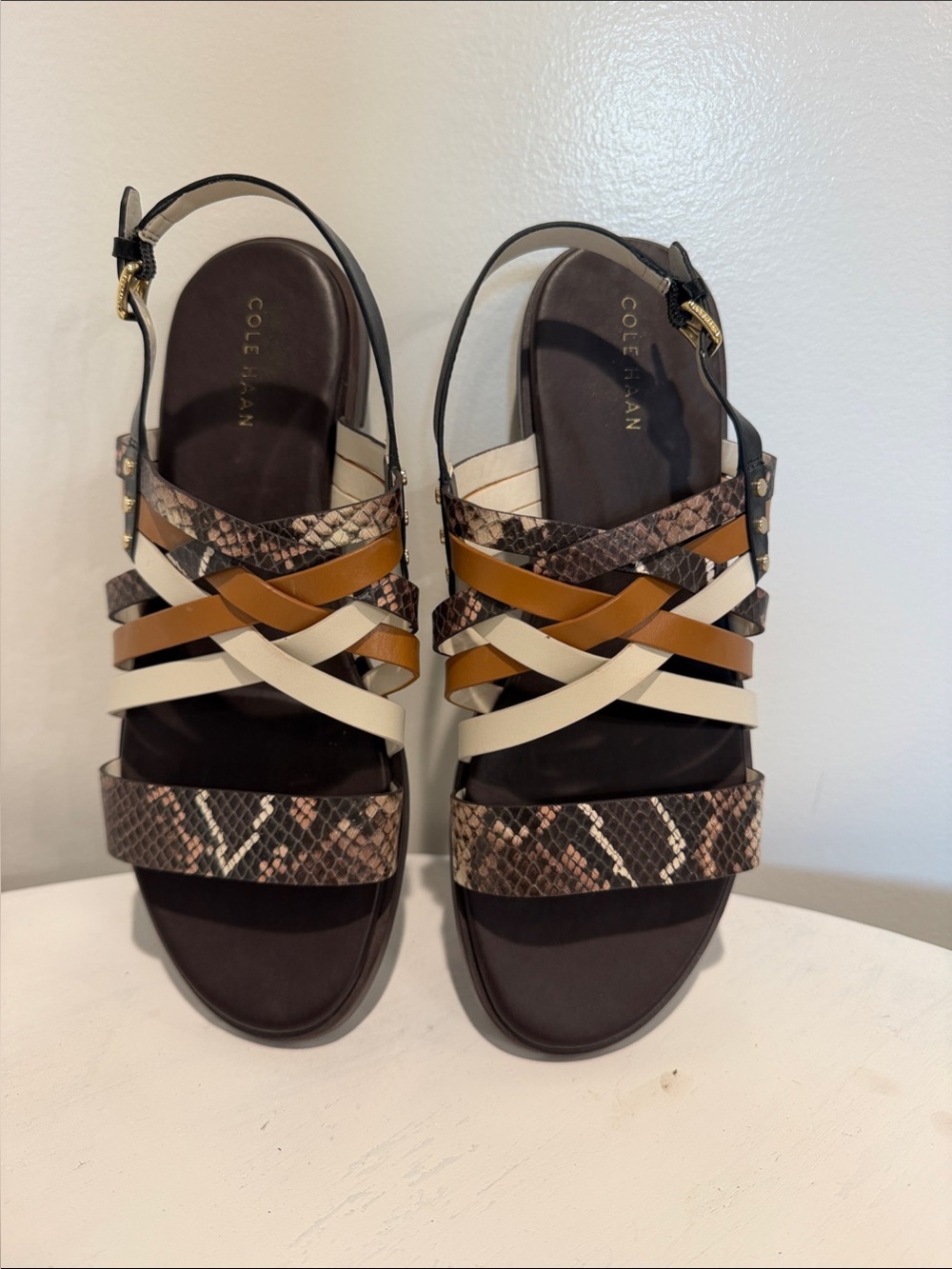 Cole Haan Strappy Snake-Print Slingback Sandals in Brown, Tan & Cream